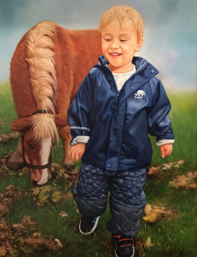 Oliemaleri af dreng og hans hest